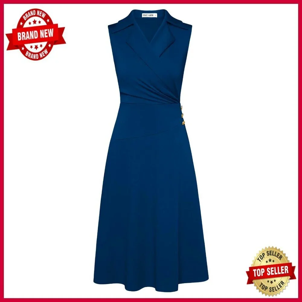 Notch Lapel Ruched Wrap V Neck Sleeveless A Line Midi Business Work Dress